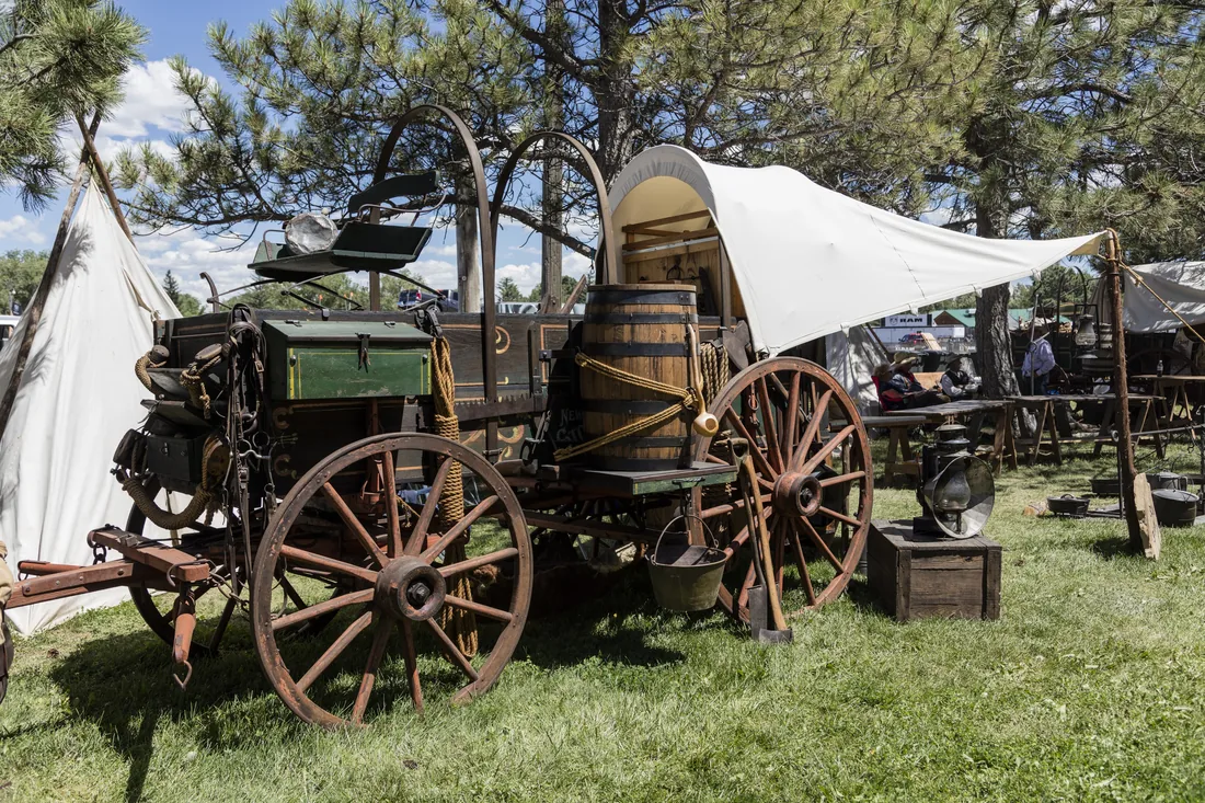A restored chuckwagon parked on the Frontier Town grounds in Cheyenne, Wyoming.